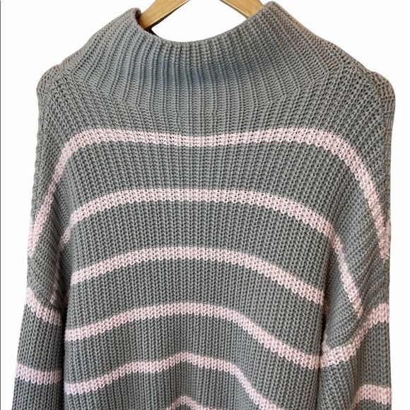 NWT CASLON Grey&Pink Striped Heavy Knit High Neck Wide Sleeve Loose Long Sweater - Picture 5 of 9